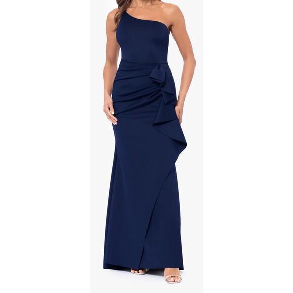 Xscape Evenings Daniella Long One Shoulder Scuba Crepe Ruffle Dress size 6 - Picture 1 of 8